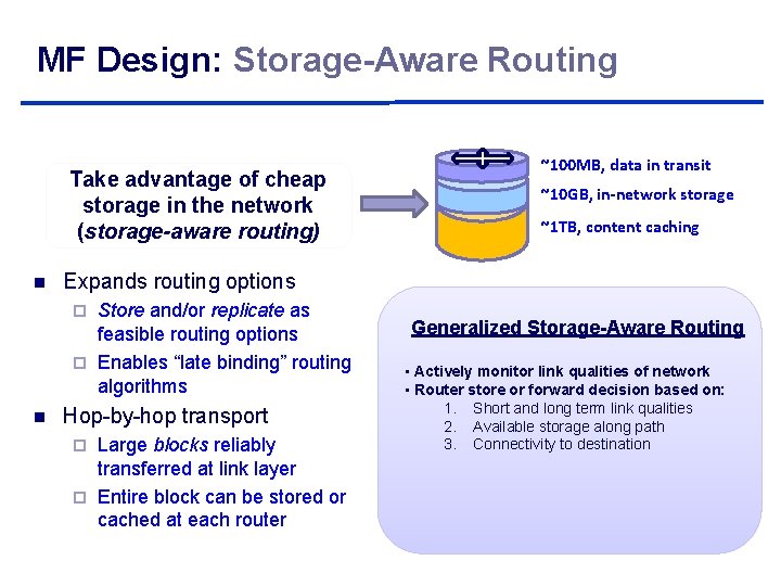 MF Design: Storage-Aware Routing Take advantage of cheap storage in the network (storage-aware routing) MF Design: Storage-Aware Routing Take advantage of cheap storage in the network (storage-aware routing)