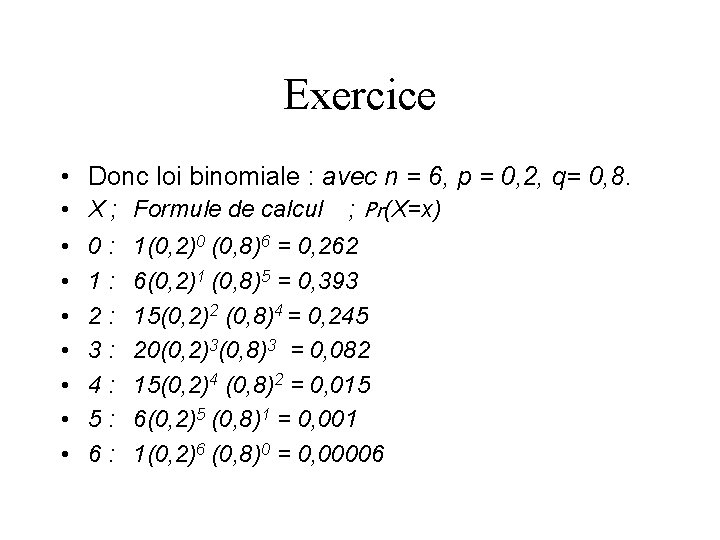 Exercice • Donc loi binomiale : avec n = 6, p = 0, 2,