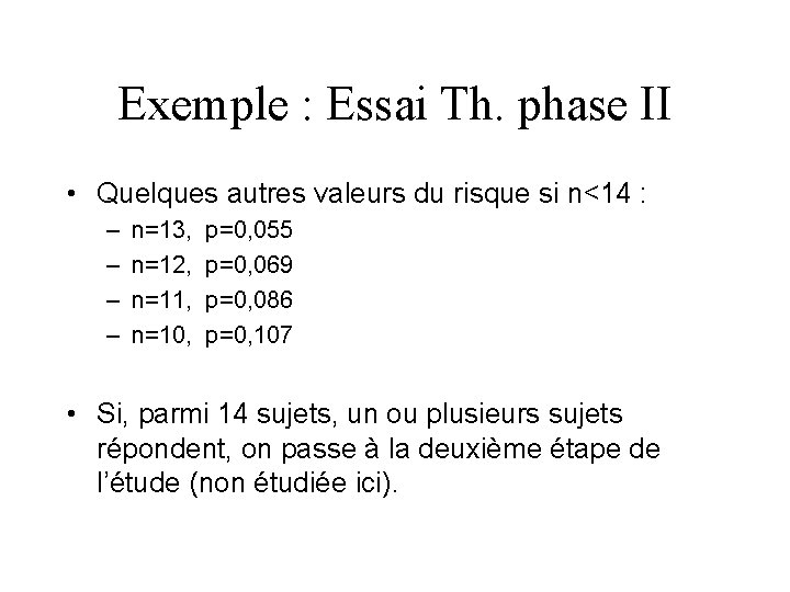 Exemple : Essai Th. phase II • Quelques autres valeurs du risque si n<14