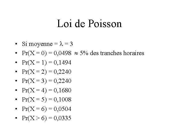 Loi de Poisson • • • Si moyenne = = 3 Pr(X = 0)