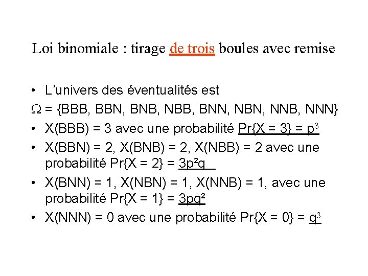 Loi binomiale : tirage de trois boules avec remise • L’univers des éventualités est
