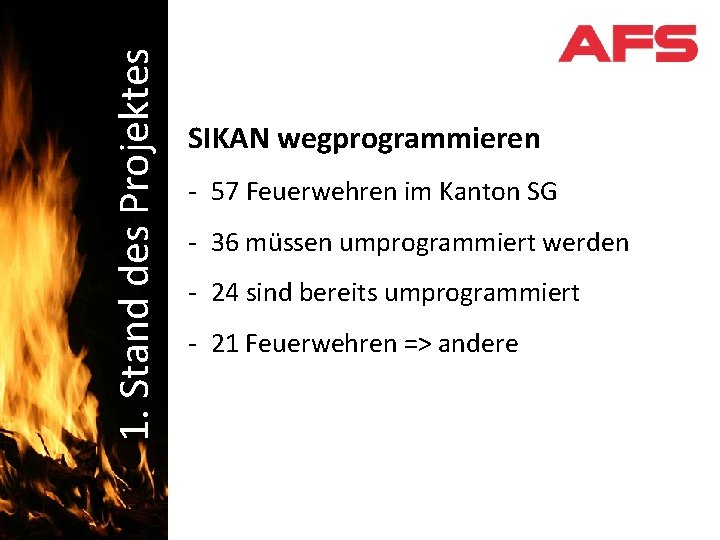 1. Stand des Projektes Schadenbekämpfung SIKAN wegprogrammieren - 57 Feuerwehren im Kanton SG - 1. Stand des Projektes Schadenbekämpfung SIKAN wegprogrammieren - 57 Feuerwehren im Kanton SG -