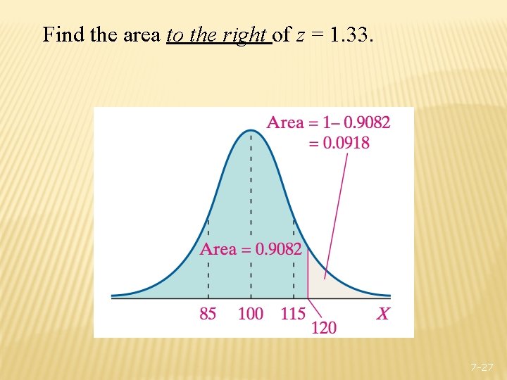 Find the area to the right of z = 1. 33. 7 -27 