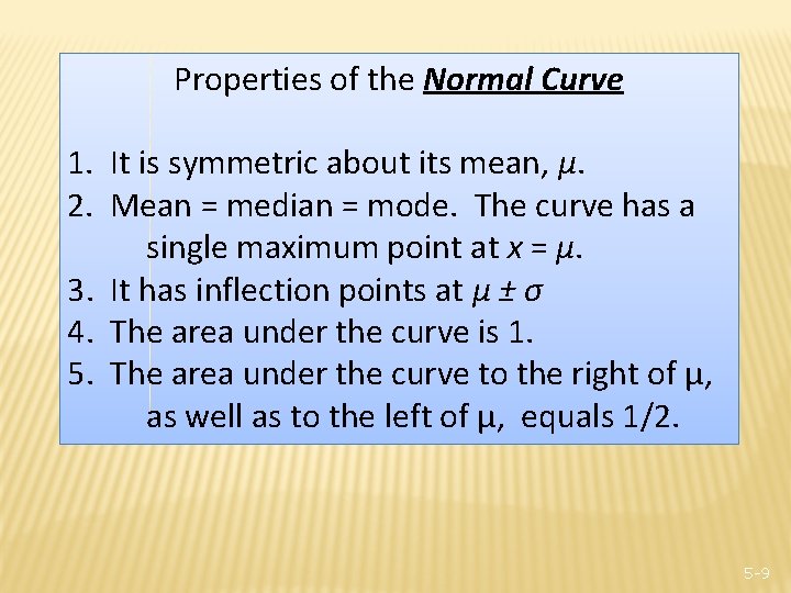 Properties of the Normal Curve 1. It is symmetric about its mean, μ. 2.