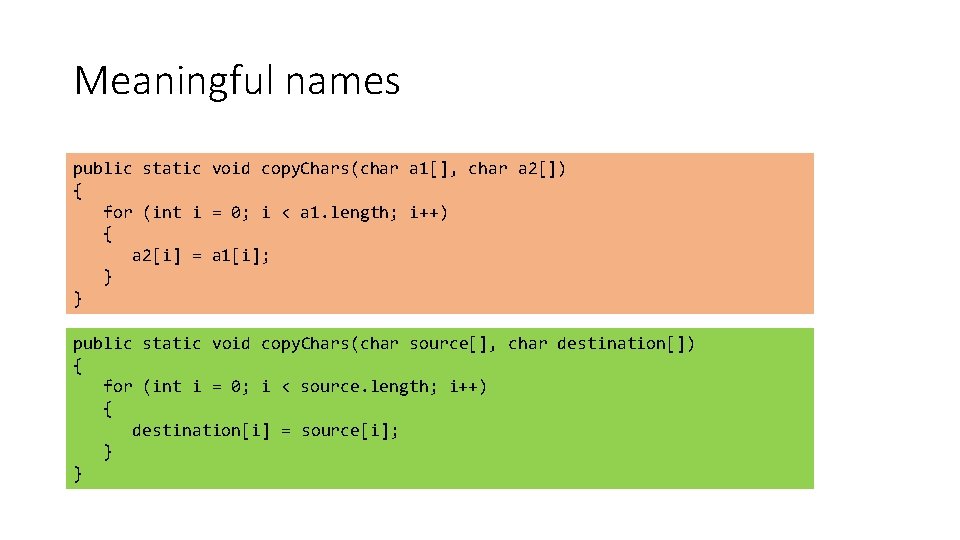 Meaningful names public static void copy. Chars(char a 1[], char a 2[]) { for
