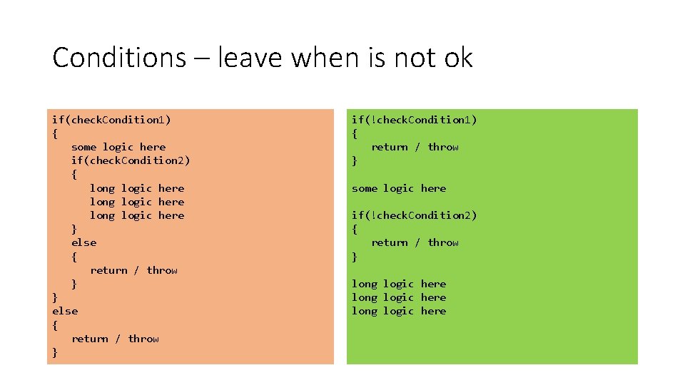 Conditions – leave when is not ok if(check. Condition 1) { some logic here
