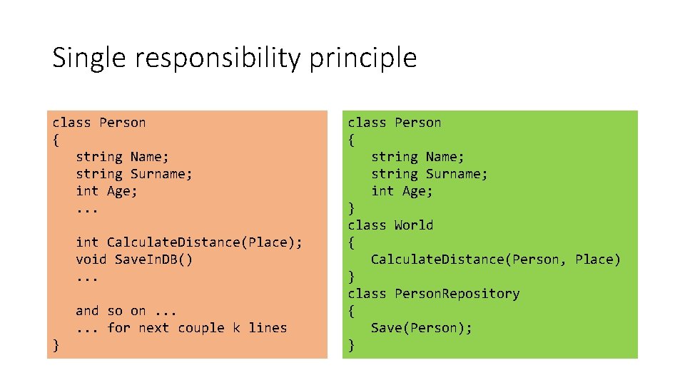 Single responsibility principle class Person { string Name; string Surname; int Age; . .