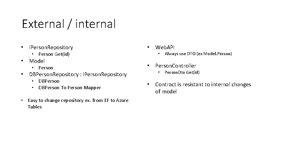 External / internal • IPerson. Repository • Person Get(id) • Model • Person •