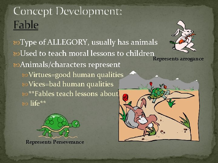Concept Development: Fable Type of ALLEGORY, usually has animals Used to teach moral lessons