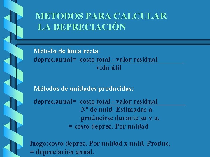 METODOS PARA CALCULAR LA DEPRECIACIÓN Método de línea recta: deprec. anual= costo total -
