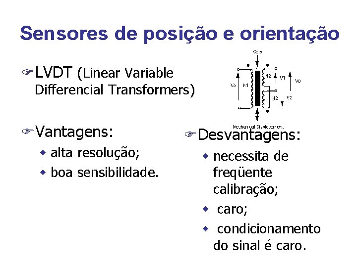 Sensores de posição e orientação FLVDT (Linear Variable Differencial Transformers) FVantagens: w alta resolução;