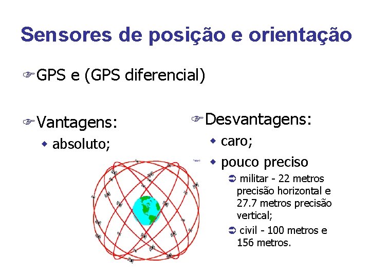 Sensores de posição e orientação FGPS e (GPS diferencial) FVantagens: w absoluto; FDesvantagens: w