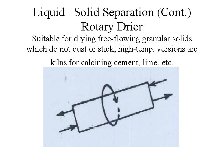 Liquid– Solid Separation (Cont. ) Rotary Drier Suitable for drying free-flowing granular solids which