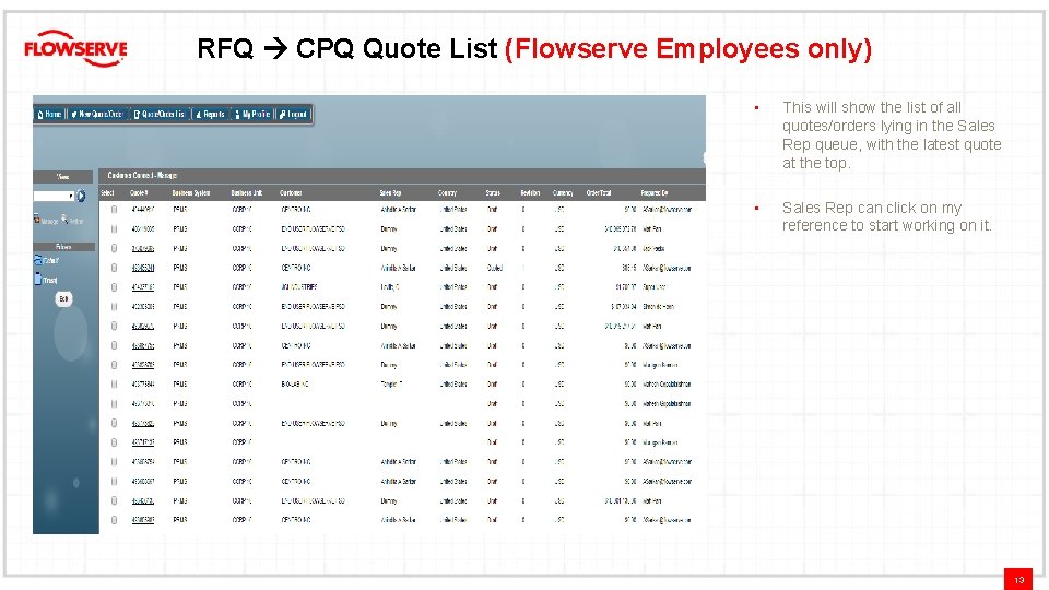 RFQ CPQ Quote List (Flowserve Employees only) • This will show the list of