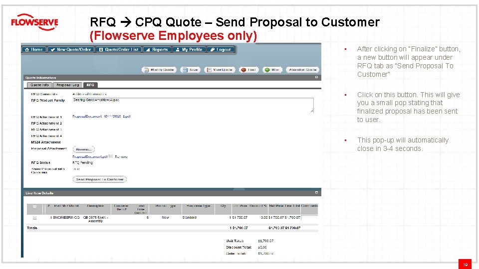 RFQ CPQ Quote – Send Proposal to Customer (Flowserve Employees only) • After clicking