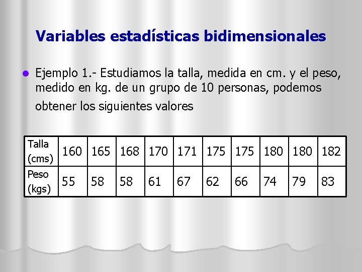 Variables estadísticas bidimensionales l Ejemplo 1. - Estudiamos la talla, medida en cm. y