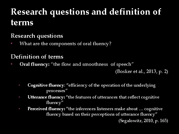 Research questions and definition of terms Research questions • What are the components of