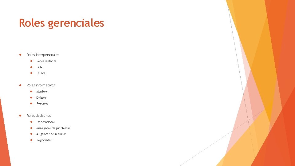Roles gerenciales Roles interpersonales Representante Líder Enlace Roles informativos Monitor Difusor Portavoz Roles decisorios