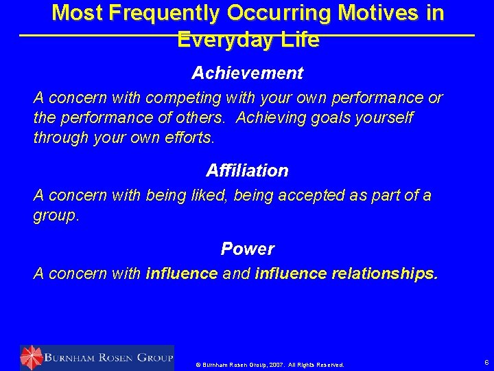 Most Frequently Occurring Motives in Everyday Life Achievement A concern with competing with your