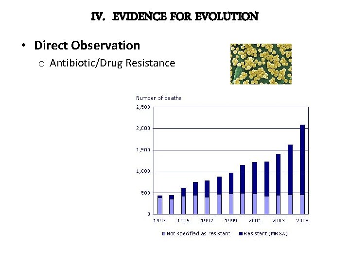 IV. EVIDENCE FOR EVOLUTION • Direct Observation o Antibiotic/Drug Resistance 