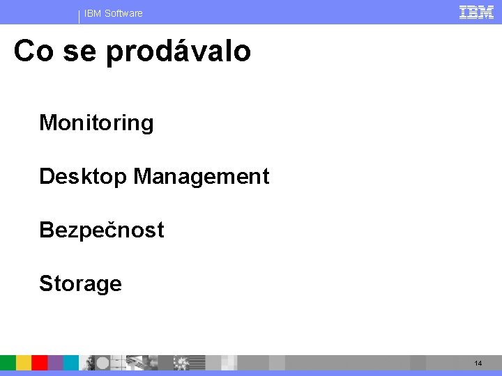 IBM Software Co se prodávalo Monitoring Desktop Management Bezpečnost Storage 14 