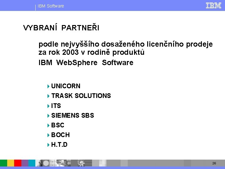 IBM Software VYBRANÍ PARTNEŘI podle nejvyššího dosaženého licenčního prodeje za rok 2003 v rodině