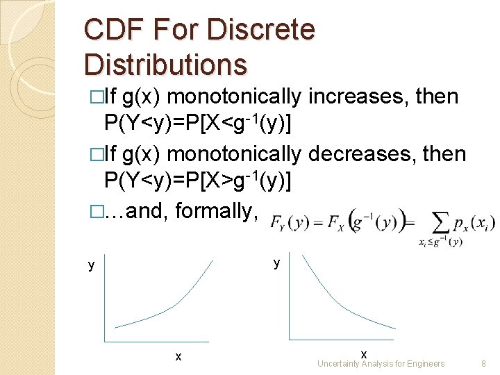 CDF For Discrete Distributions �If g(x) monotonically increases, then P(Y<y)=P[X<g-1(y)] �If g(x) monotonically decreases,