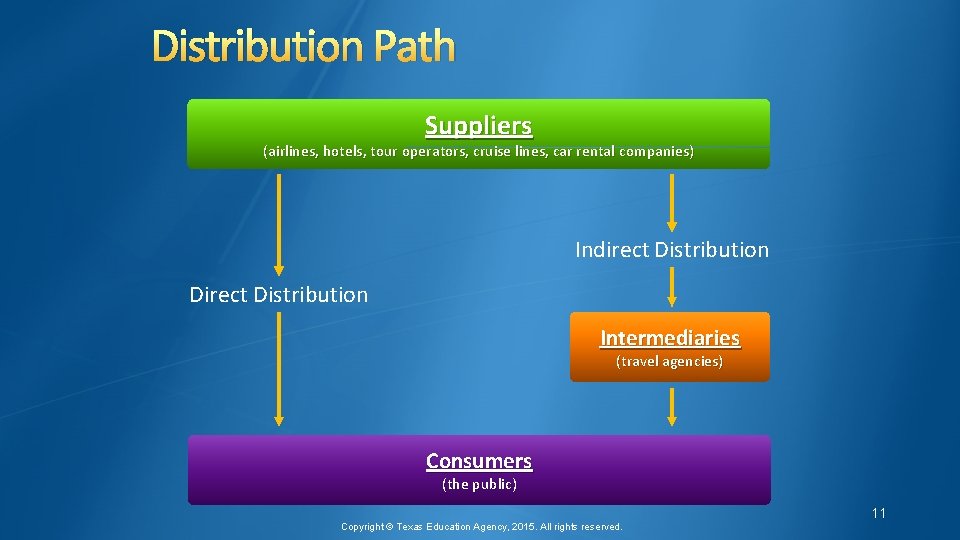 Distribution Path Suppliers (airlines, hotels, tour operators, cruise lines, car rental companies) Indirect Distribution