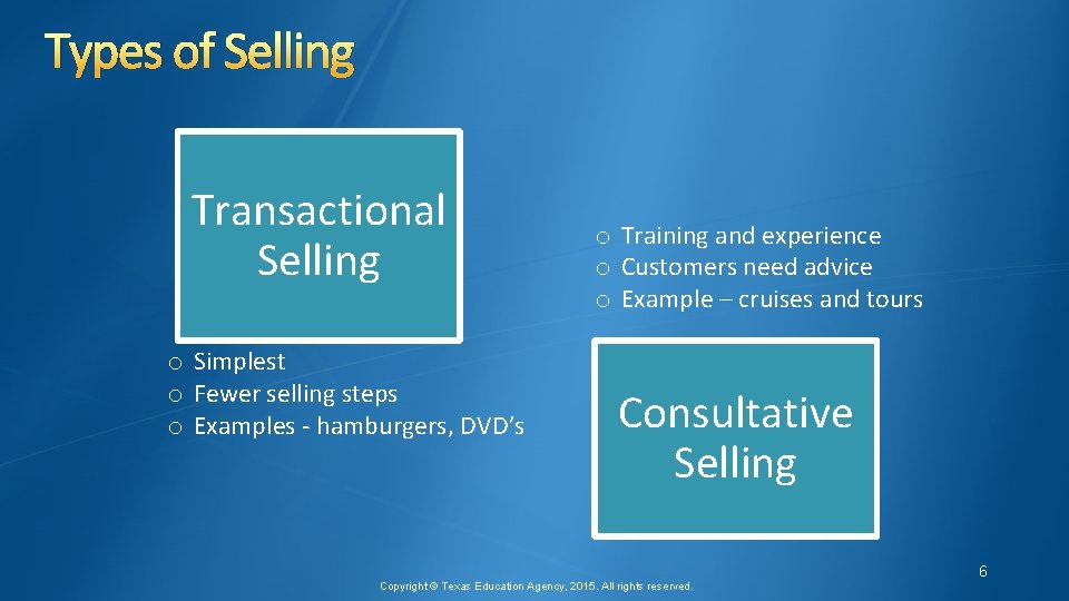 Types of Selling Transactional Selling o Simplest o Fewer selling steps o Examples -