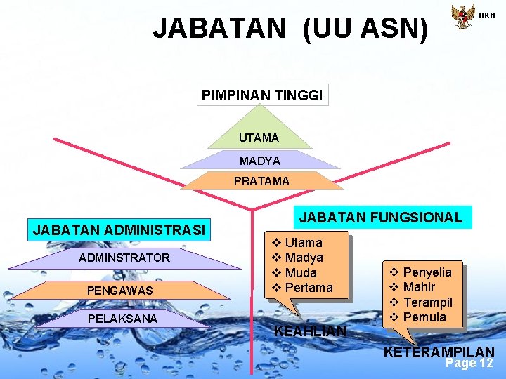 BKN JABATAN (UU ASN) PIMPINAN TINGGI UTAMA MADYA PRATAMA JABATAN ADMINISTRASI ADMINSTRATOR PENGAWAS PELAKSANA