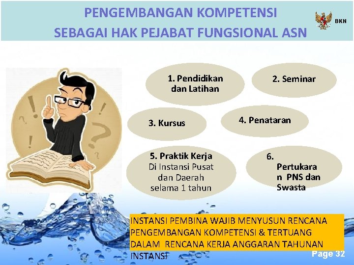 PENGEMBANGAN KOMPETENSI SEBAGAI HAK PEJABAT FUNGSIONAL ASN 1. Pendidikan dan Latihan 3. Kursus 5.