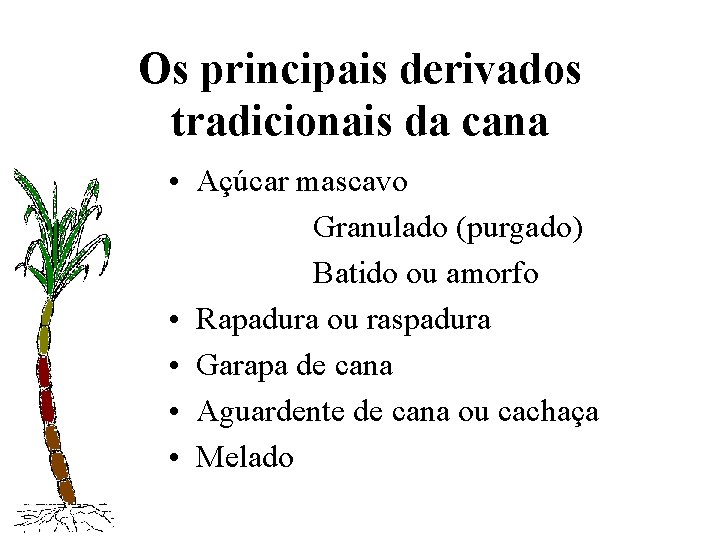 Os principais derivados tradicionais da cana • Açúcar mascavo Granulado (purgado) Batido ou amorfo