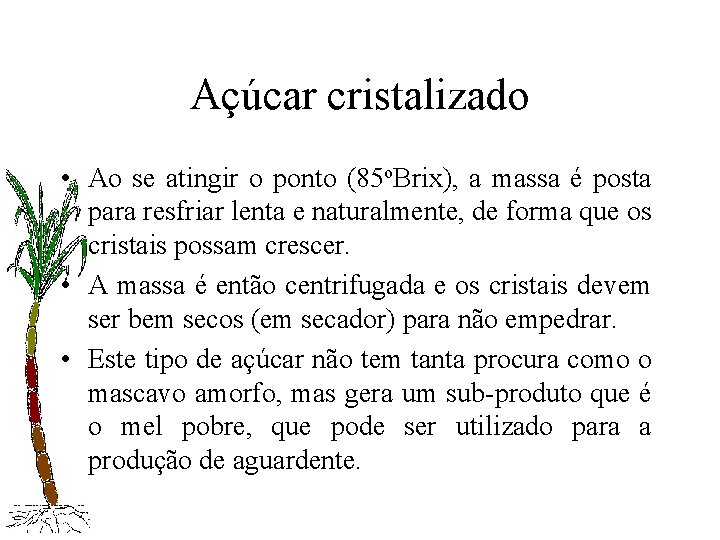 Açúcar cristalizado • Ao se atingir o ponto (85 o. Brix), a massa é