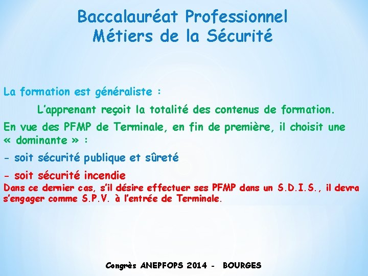 Baccalauréat Professionnel Métiers de la Sécurité La formation est généraliste : L’apprenant reçoit la