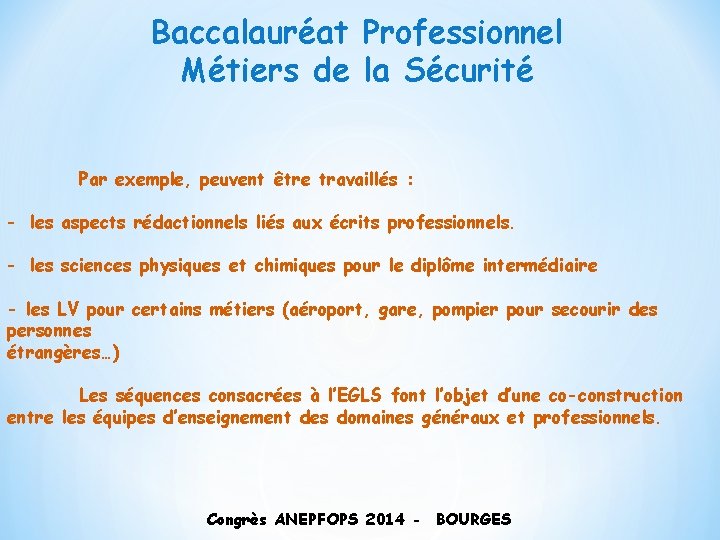 Baccalauréat Professionnel Métiers de la Sécurité Par exemple, peuvent être travaillés : - les