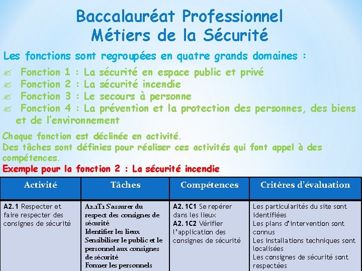 Baccalauréat Professionnel Métiers de la Sécurité Les fonctions sont regroupées en quatre grands domaines