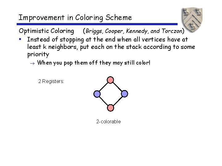 Improvement in Coloring Scheme Optimistic Coloring (Briggs, Cooper, Kennedy, and Torczon) • Instead of