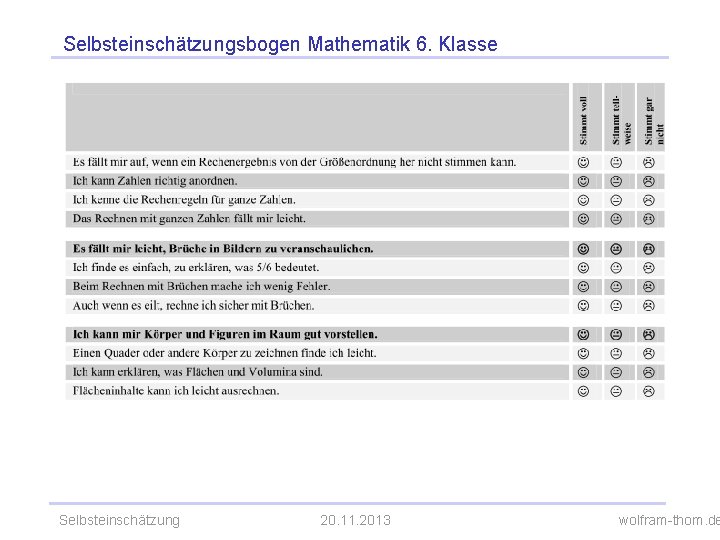 Selbsteinschätzungsbogen Mathematik 6. Klasse Selbsteinschätzung 20. 11. 2013 wolfram-thom. de 