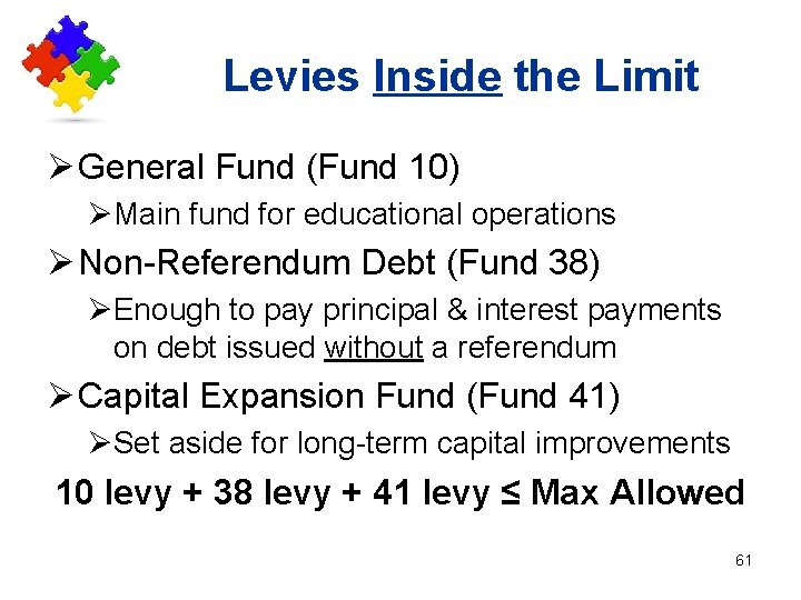 Levies Inside the Limit Ø General Fund (Fund 10) ØMain fund for educational operations