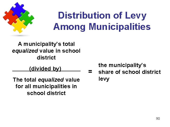 Distribution of Levy Among Municipalities A municipality’s total equalized value in school district (divided