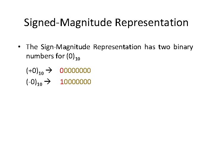 Signed-Magnitude Representation • The Sign-Magnitude Representation has two binary numbers for (0)10 (+0)10 0000