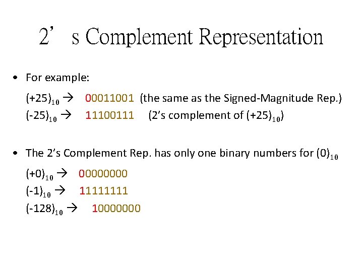 2’s Complement Representation • For example: (+25)10 00011001 (the same as the Signed-Magnitude Rep.