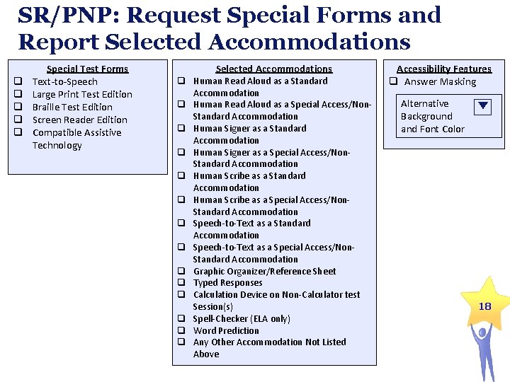 SR/PNP: Request Special Forms and Report Selected Accommodations q q q Special Test Forms