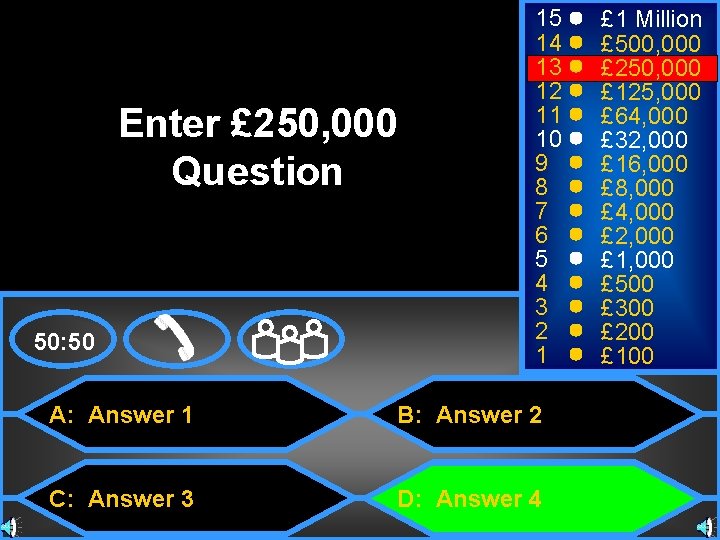 Enter £ 250, 000 Question 50: 50 15 14 13 12 11 10 9