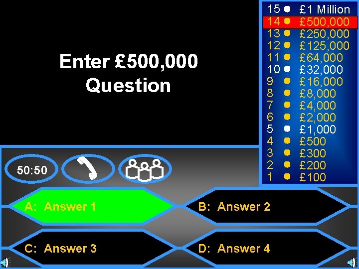 Enter £ 500, 000 Question 50: 50 15 14 13 12 11 10 9