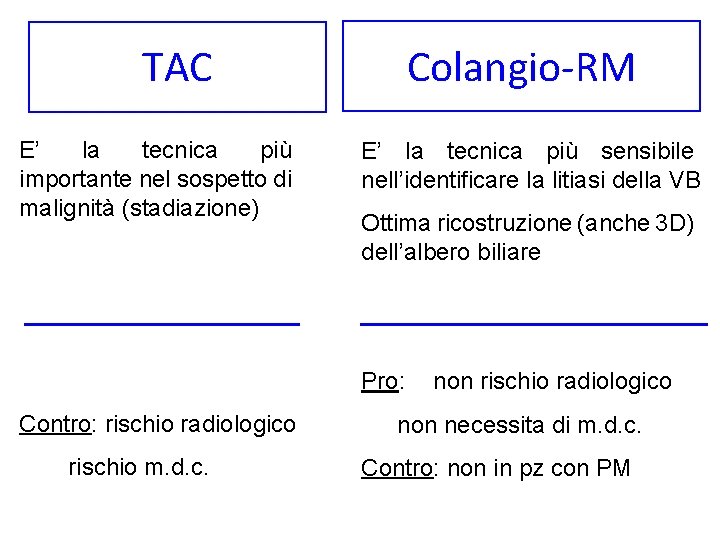 Colangio-RM TAC E’ la tecnica più importante nel sospetto di malignità (stadiazione) E’ la