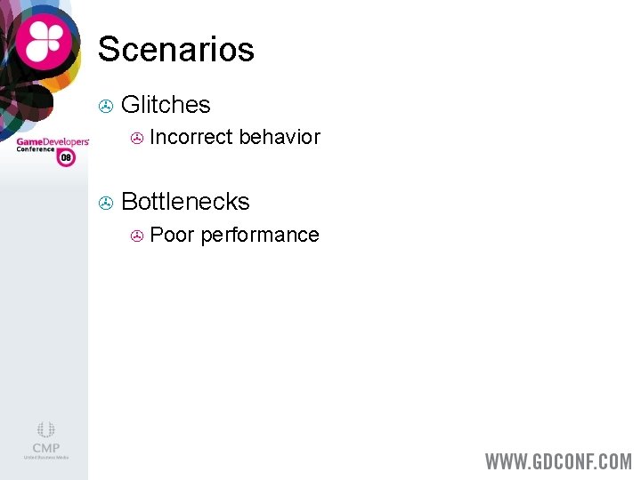 Scenarios > Glitches > > Incorrect behavior Bottlenecks > Poor performance 