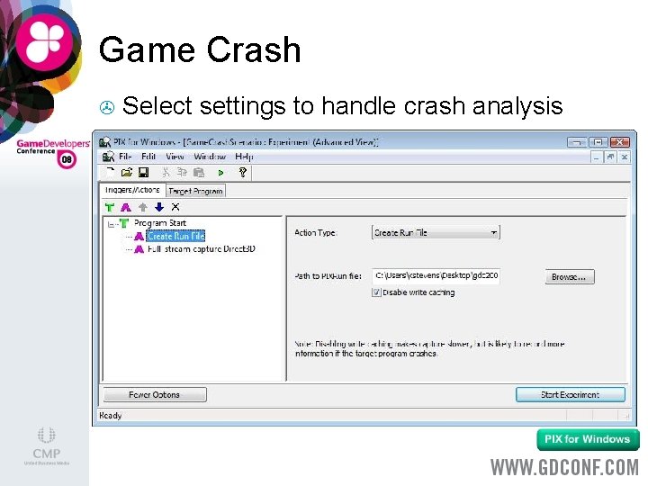 Game Crash > Select settings to handle crash analysis 