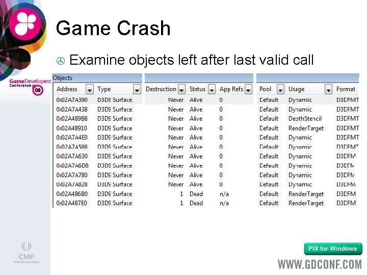 Game Crash > Examine objects left after last valid call 