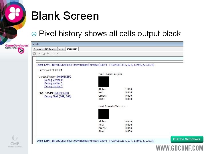 Blank Screen > Pixel history shows all calls output black 